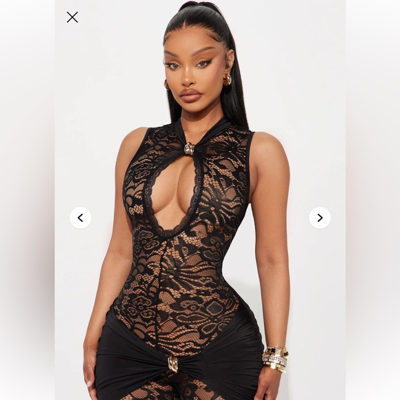 FashionNova Come Closer Lace Flare Leg Jumpsuit - Black - Picture 2 of 4